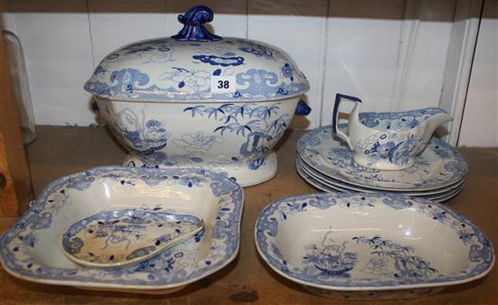Victorian Staffordshire pottery soup tureen, four plates, 2 dishes, jug & stand